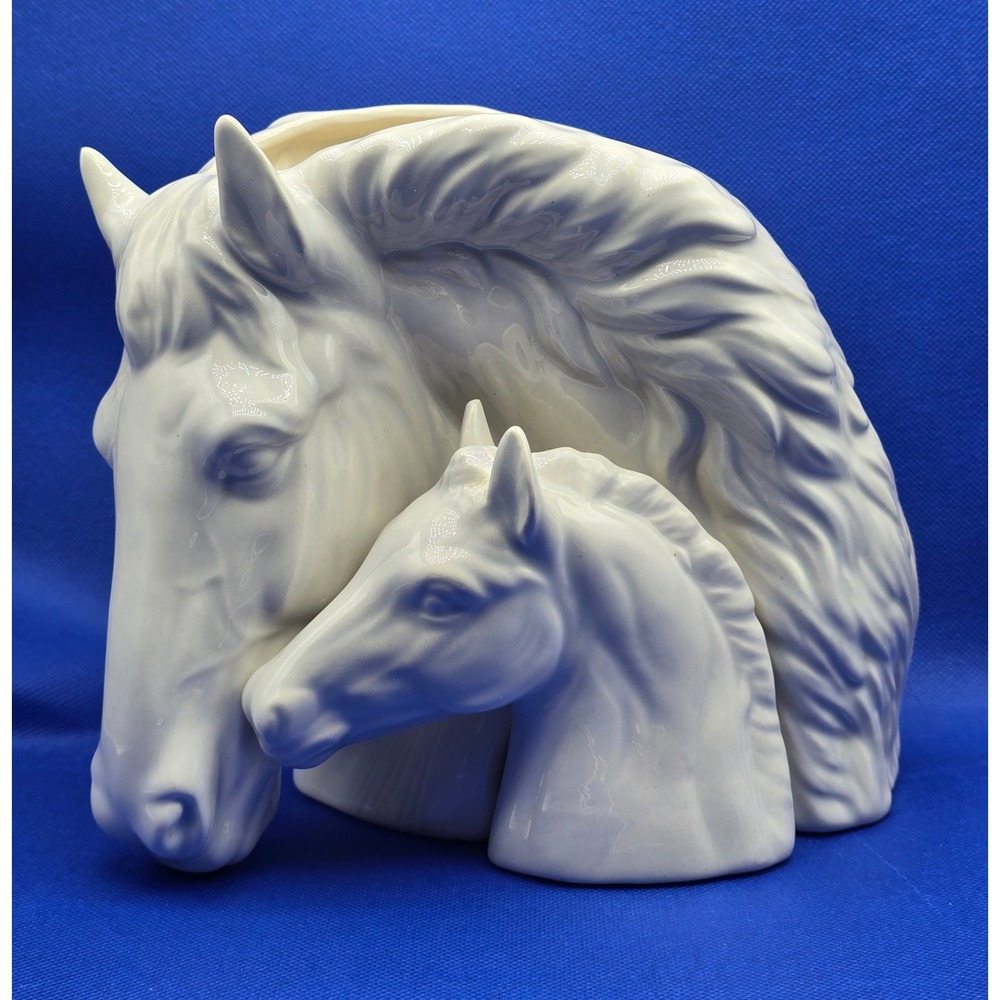 Vintage White Ceramic Horse Mare & Foal Planter Vase Statue Figurine Decor